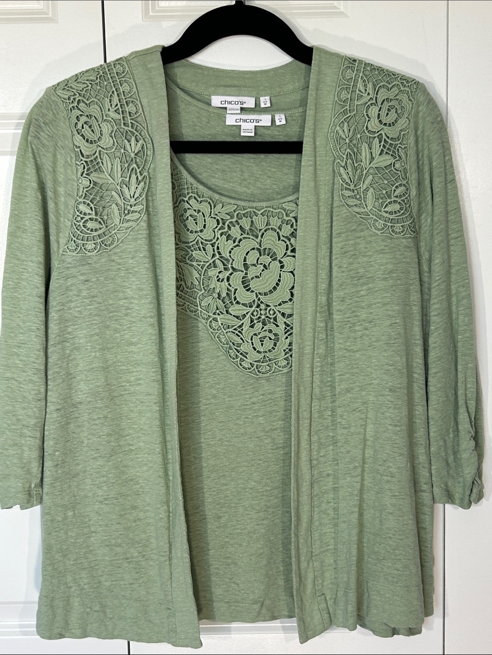 Chico's Light Sage Green Lace-Trim Open Cardigan & Tank Set